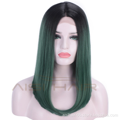 Aisi Hair Synthetic Silky Straight Lace Front Wigs Ombre Green Middle Part Lace Front Cosplay Bob Wigs for Women